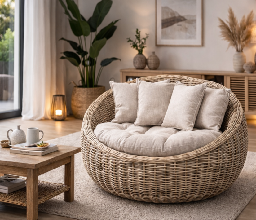 Ratanové křeslo LOVE SEAT pro dvě osoby – přírodní ratan, polstrování a 4 polštáře