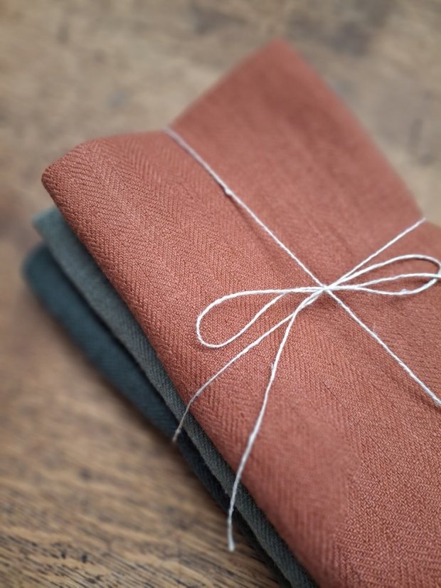 Kuchyňské lněné utěrky cihlová & zelená - 3 ks