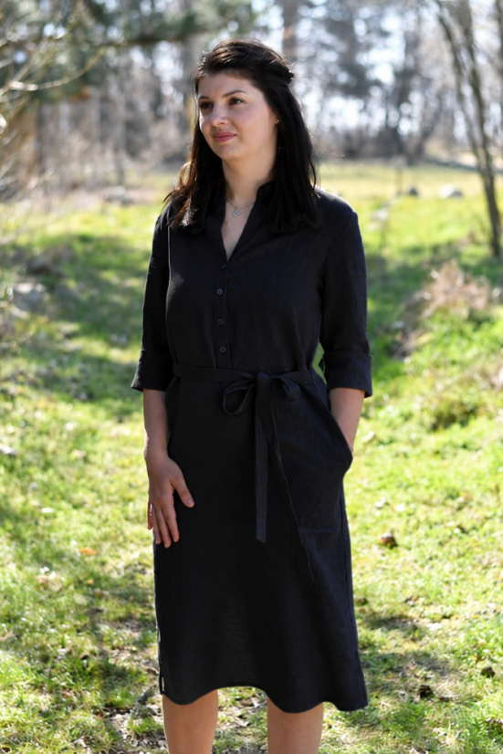 Damen-Hemdblusenkleid aus Leinen mit Ärmeln und Gürtel - Größe: 46