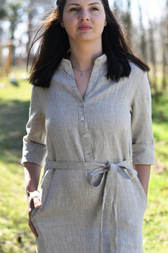 Damen-Hemdblusenkleid aus Leinen mit Ärmeln und Gürtel
