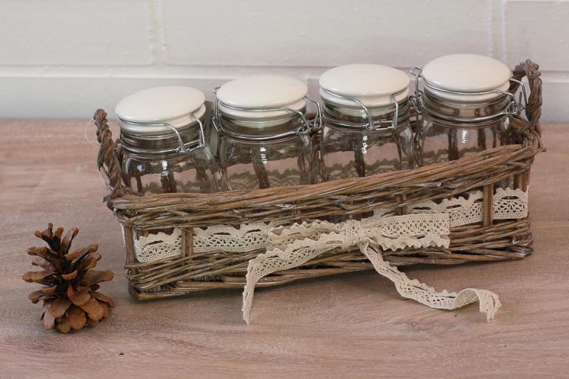 Spice jar with ceramic cap in a wicker basket