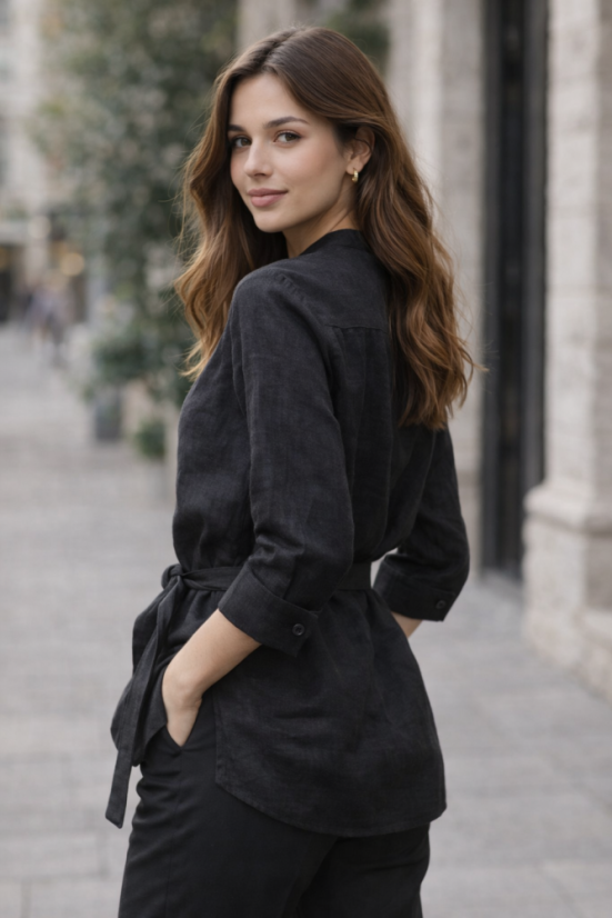 Damen Bluse - 100% Leinen - Schwarz - Größe: 42